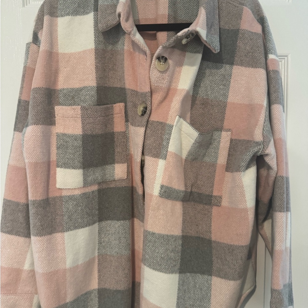 Plaid Button-Up Jacket - Pink and Gray